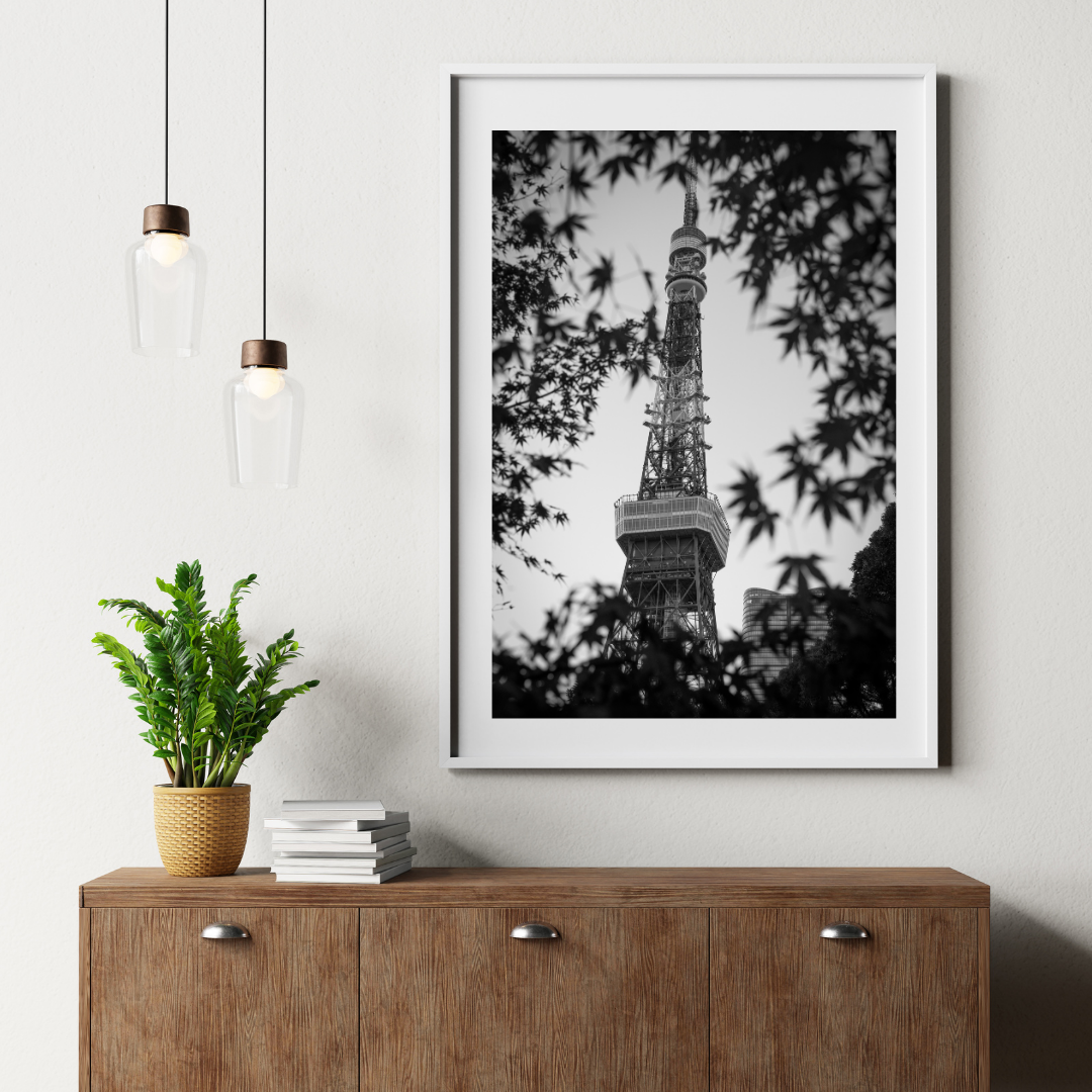 Tokyo Tower - Autumn Leaves B&W